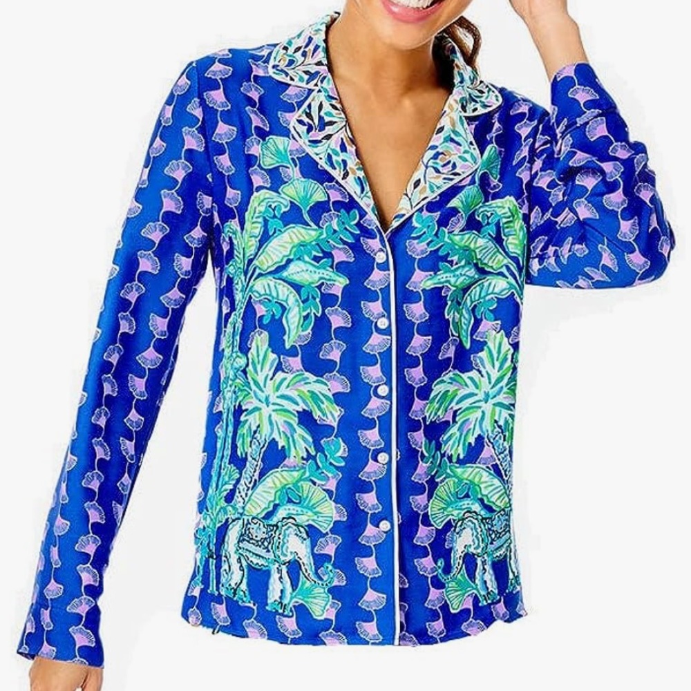 Lilly Pulitzer Long Sleeve Button-Down Woven Pajama Top, Blue Grotto